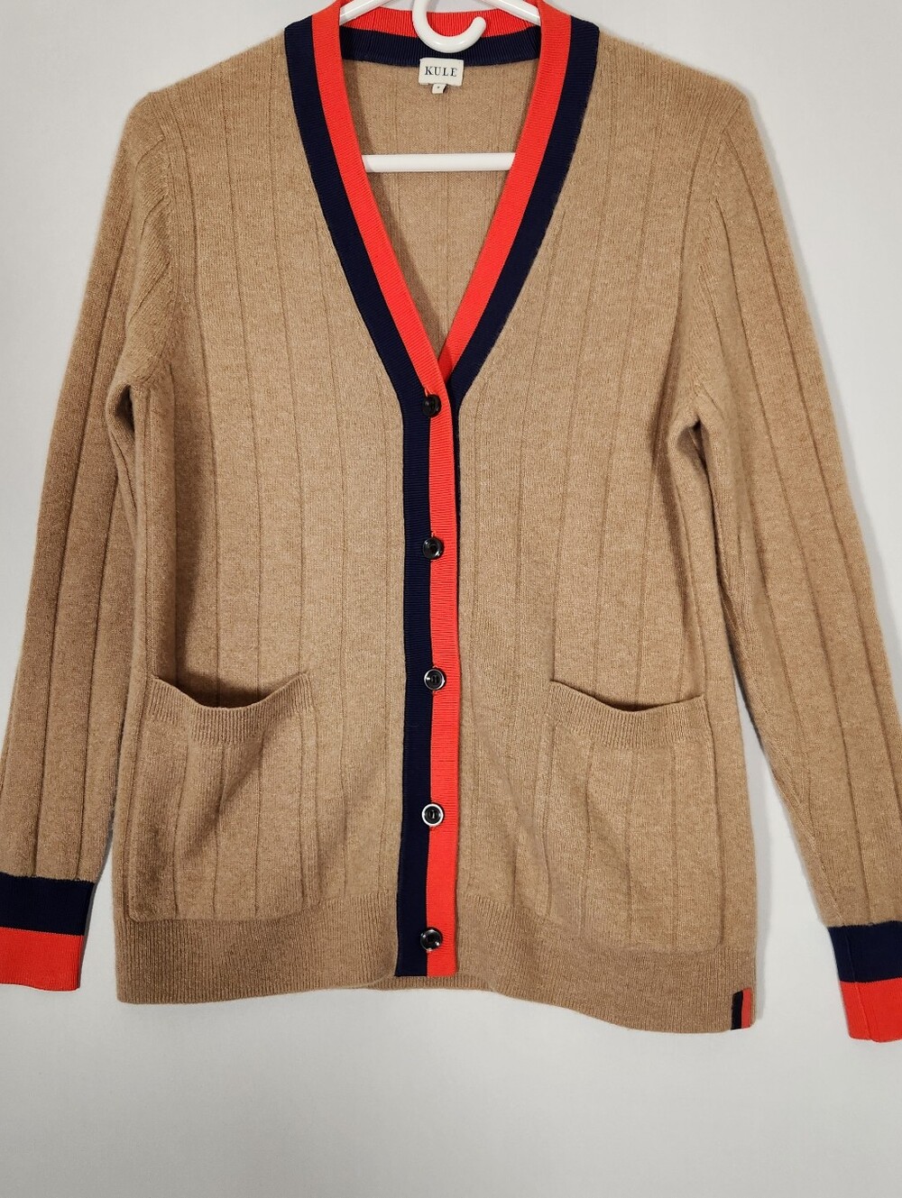 Kule The Sinclair Cardigan Tan V Neck Red Navy Trim Cashmere Blend Small